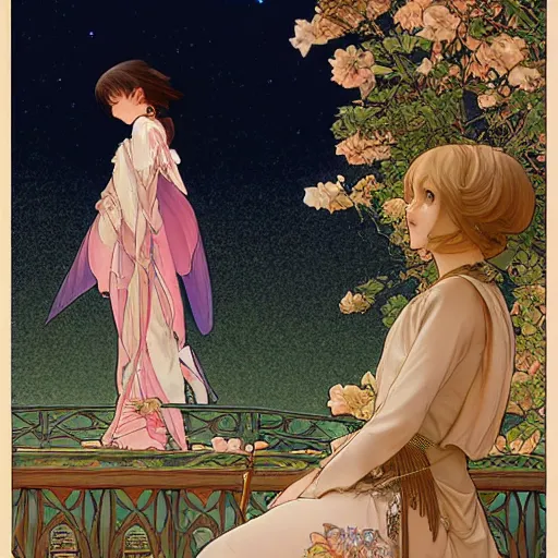 Image similar to girl watching watching fireworks on a hill, digital art, by range murata, akiyuki shinbou, alphonse mucha, highly detailed, realistic, cinematic