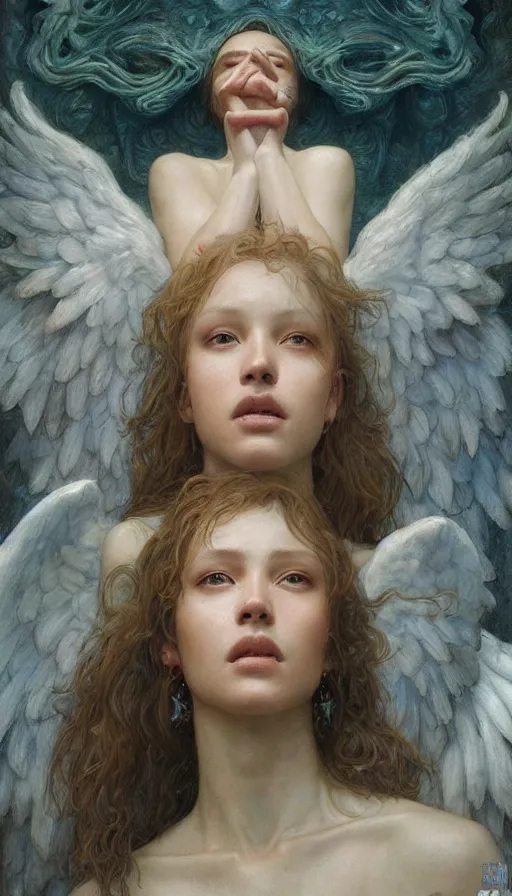 Image similar to epic masterpiece angel, sweaty skin, hyperrealistic, octane render, cinematic, beautiful face and flawless skin, perfect hands, 5 fingers, by Edgar Maxence and Ross Tran and Michael Whelan, Legends of Runeterra