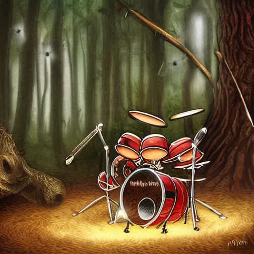 Image similar to mouse playing drums, fantasy forrest background, moonlight, digital art, detailed, medium shoot