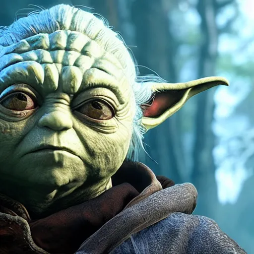 Image similar to Yoda in The Witcher 3 video game, highly detailed, high quality, HD, 4K, trending