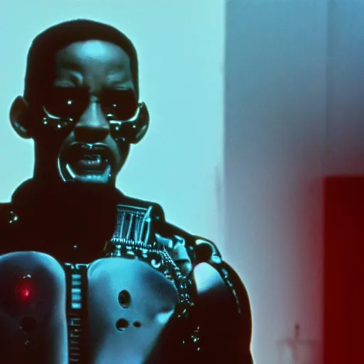 Image similar to film still of will smith as the terminator (1984 film),glowing red eyes, half exposed exoskeleton face, half cyborg, film grain, insanely detailed, 4k, photorealistic, hd