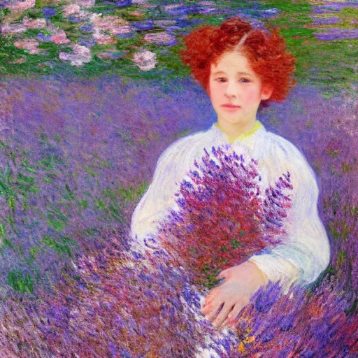 Image similar to portrait of cute girl with short curly red hair sitting in a field of lilac flowers, Monet painting