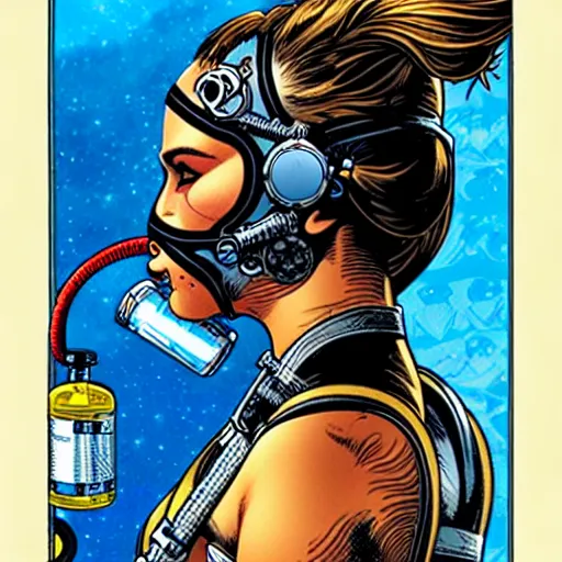 Image similar to a tarot card design of a female diver with a oxygen mask intricate detailed mask with front profile by MARVEL comics and Sandra Chevrier