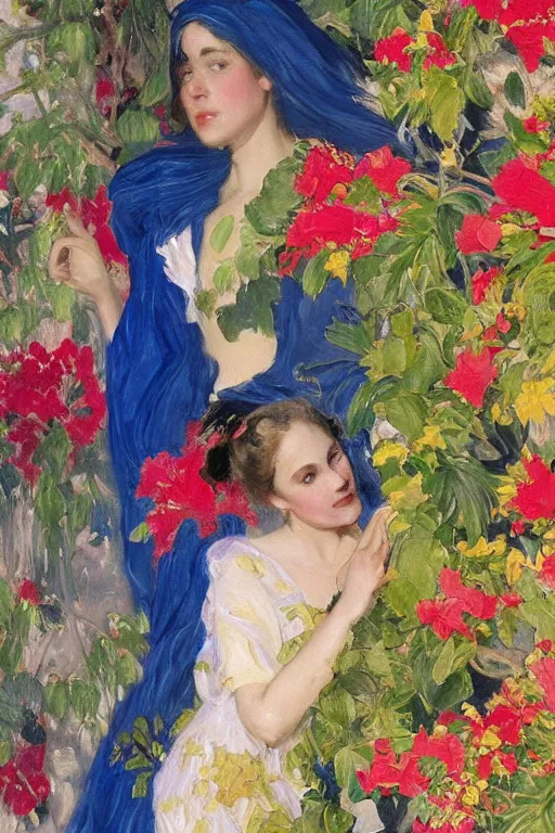 Image similar to a girl with arabesque red and blue and golden detailed scarf near bougainvillea and mexican palms, persian carpet, painting by john singer sargent