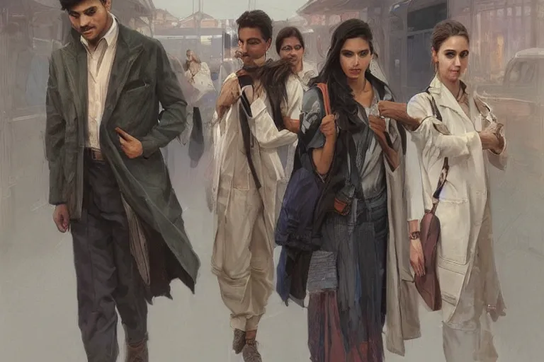 Image similar to Anxious good looking pale young Indian doctors wearing American clothes at the airport, portrait, elegant, intricate, digital painting, artstation, concept art, smooth, sharp focus, illustration, art by artgerm and greg rutkowski and alphonse mucha