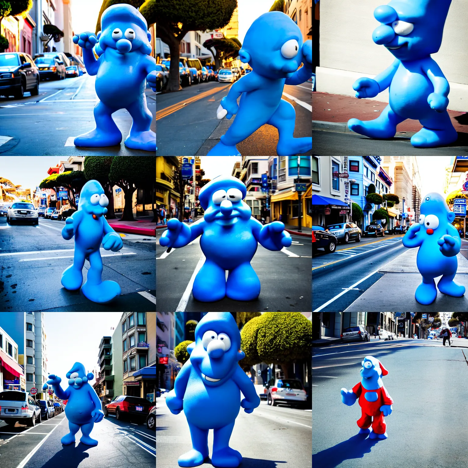 Prompt: giant smurf walking through the streets of san francisco in the morning sun, low light