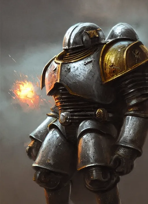 Image similar to medieval knight power armour, concept art, space marine, medieval, sword, highly detailed, cinematic lighting, flames, digital art painting by greg rutkowski