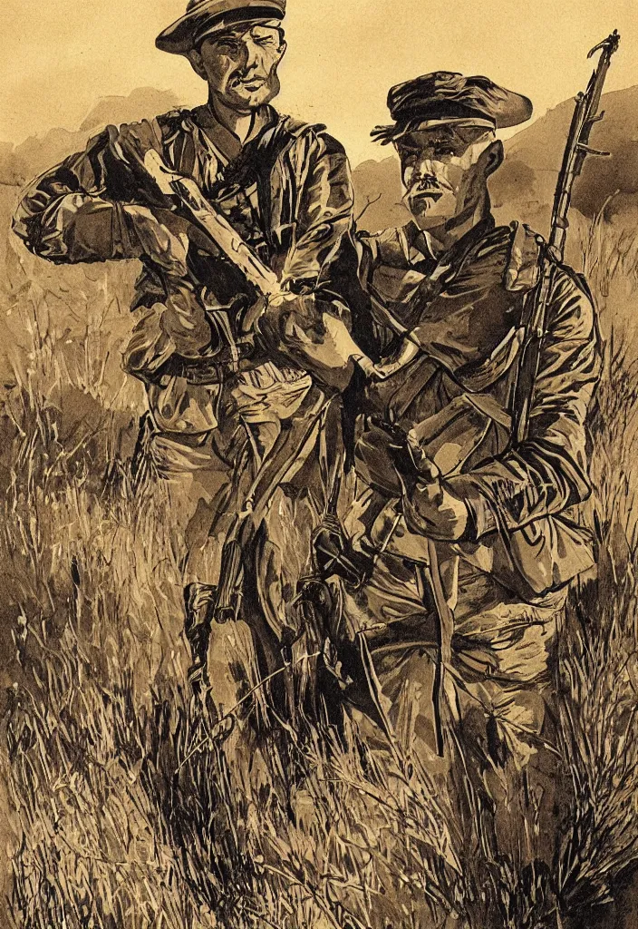 Prompt: comic book of a boer soldier in the south-african veld holding a rifle during the anglo-boer war. 50s comic book illustration. evening light, dramatic, warm, dynamic composition