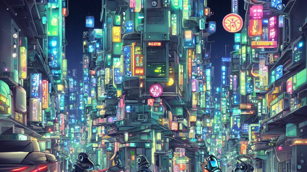 Image similar to street view of futuristic robot tokyo city at night by cyril rolando and naomi okubo and dan mumford and ricardo bofill. robots. robots walking the streets. advertisements for robots. robot shiba inu being walked by robots. robot city. neon advertisements.