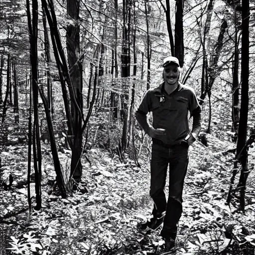 Image similar to chris hanson caught on a grainy trail cam, black and white