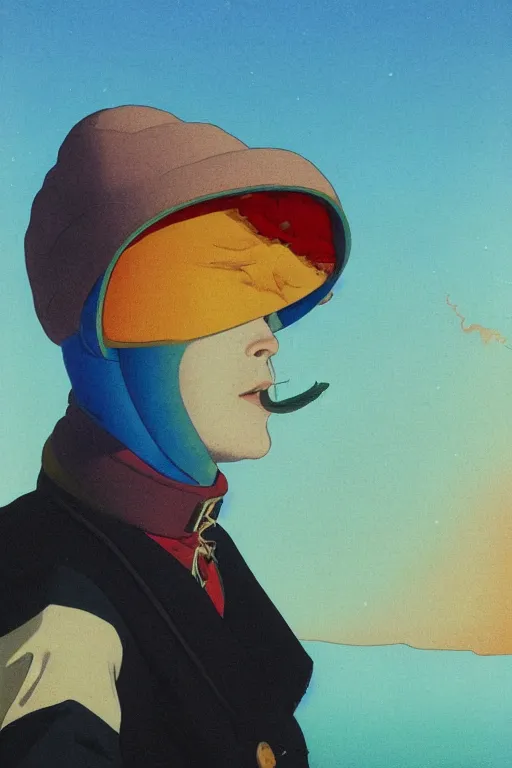 Prompt: a colorful closeup portrait of a young siberian explorer sucking a blotter paper of lsd acid and dreaming psychedelic hallucinations in the vast icy landscape of antarctica, by kawase hasui, moebius and edward hopper, colorful flat surreal design, hd, 8 k, artstation