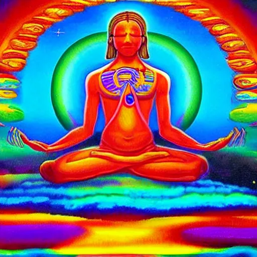 Image similar to human meditating supreme peace immense knowledge infinite color dmt art