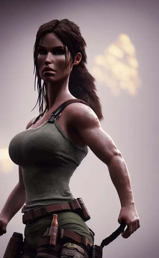 Image similar to lara croft thicc, big bust, 150 mm, foggy forest, fine lace, elegant, highly detailed, nature, elegant, ambient light, octane render in the style of H.R. Giger and Man Ray