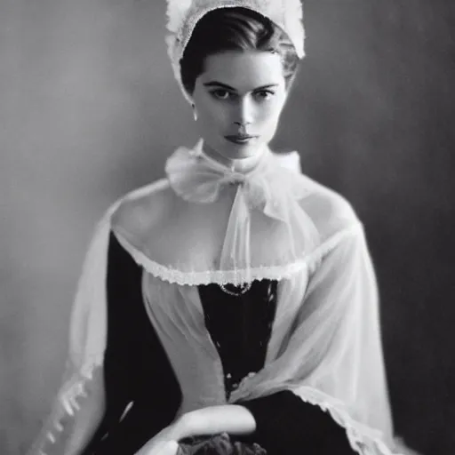 Image similar to victorian photograph of grace kelly, angelina jolie, 1 8 9 0 s photography, 1 9 0 0, photographed by burr mcintosh, grainy