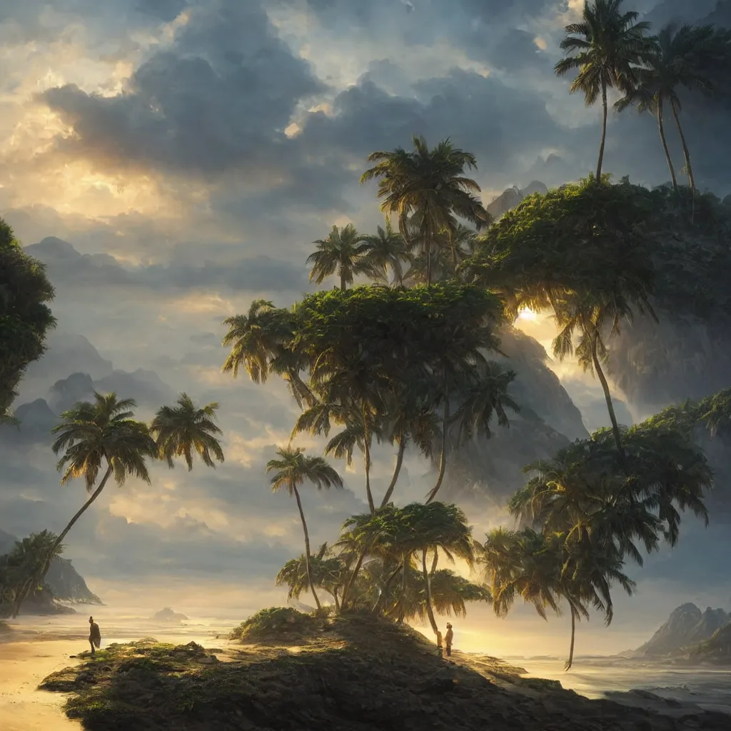 Prompt: beautiful hyper realistic island scenery at sunset, sand, tropical plants, albumcover, beautiful painting by greg rutkowski, ross tran, wlop, set in lord of the rings, starcraft, atmosphere, ethereal, magic, amazing, positive vibes