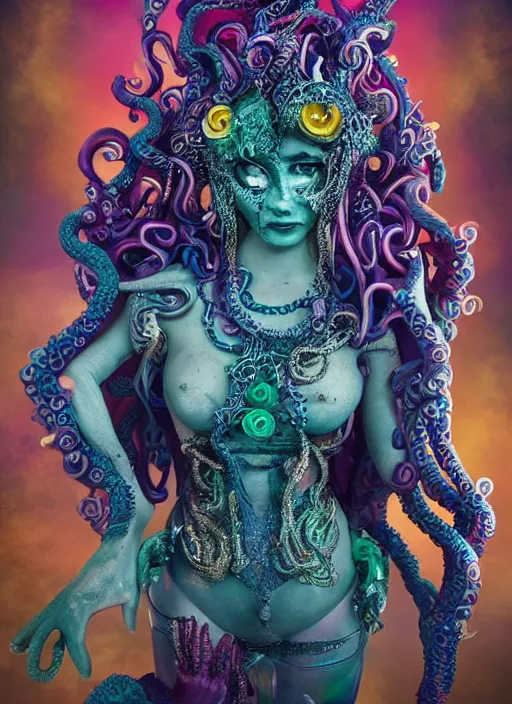 Image similar to A full body shot of a cute and mischievous monster princess made of tentacles wearing an ornate ball gown covered in jewels. Fancy Dress. Subsurface Scattering. Translucent Skin. Rainbow palette. rainbowcore. Eldritch Beauty. defined facial features, symmetrical facial features. Opalescent surface. beautiful lighting. By Giger and Ruan Jia and Artgerm and WLOP and William-Adolphe Bouguereau. Photo real. Hyper-real. Photorealism. Fantasy Illustration. Sailor Moon hair. Masterpiece. trending on artstation, featured on pixiv, award winning, cinematic composition, dramatic pose, sharp, details, Hyper-detailed, HD, HDR, 4K, 8K.