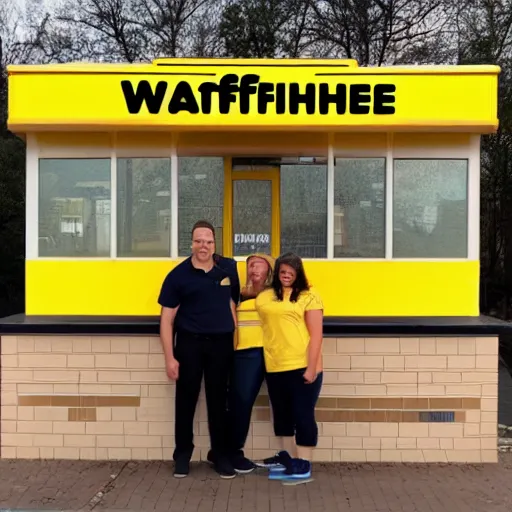 Image similar to wafflehouse employee's standing below wafflehouse sign