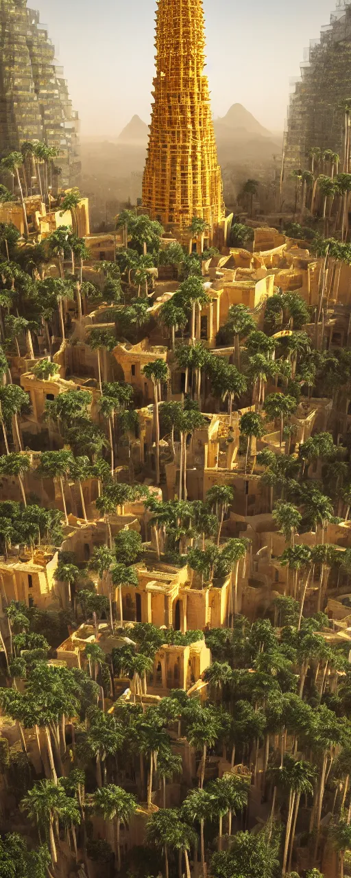 Image similar to eye level view of single tower, golden facade babylon tower, sacred ancient architecture, hanging gardens, cascading highrise, arid mountains with lush palm forest, sunlight, post - production, octane, cgi, sfx, beautiful dynamic lighting, cinematic, extremely high detail, photo realistic, cinematic lighting, 8 k