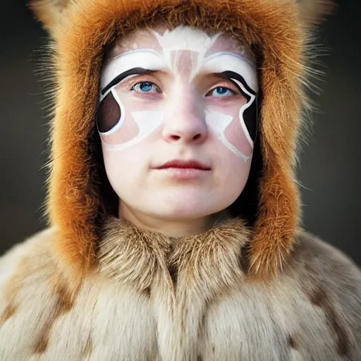 Image similar to symmetry!! portrait photograph of an extremely beautiful!!!! young blonde female with symmetric face. with a very detailed barn owl!!!!! on her shoulder. wearing traditional greenlandic national costume or kalaallisuut. in iceland. petzval lens. shallow depth of field. polaroid featured on flickr, art photography,