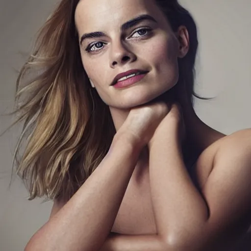 Image similar to a woman who is a genetic combination of margot robbie and emma watson face and upper - body focus