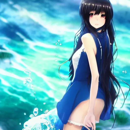 Image similar to a very beautiful anime girl wearing a dress made of water standing in a crystal lake , full body, long black hair, azure blue watery eyes, full round face, seductive stare, cinematic lightning, medium shot, mid-shot, highly detailed, trending on artstation, Unreal Engine 4k, Stanley Artgerm Lau, WLOP, Rossdraws, James Jean, Andrei Riabovitchev, Marc Simonetti, and Sakimichan