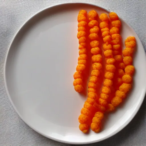Prompt: a single Cheeto on a white plate