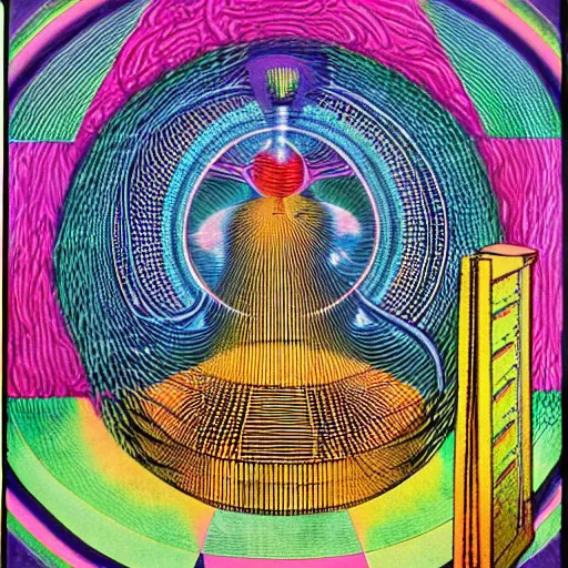 Prompt: A experimental art. A rip in spacetime. Did this device in her hand open a portal to another dimension or reality?! by Paul Laffoley, by Louis Comfort Tiffany saturated