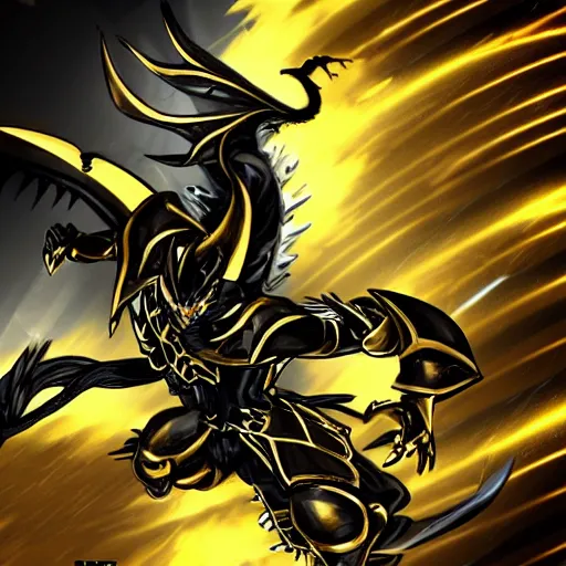Prompt: black and gold knight fighting cyber dragon, honorable, cinematic, sharp