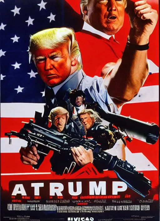 Image similar to an 8 0's john alvin action movie poster of donald trump starring in trumpster fire. explosions.