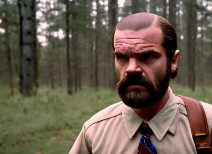 Image similar to film still of jim hopper as eleven in stranger things, 8 k