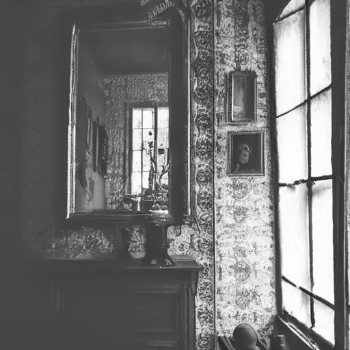 Prompt: haunted house living, interior, retro 1 9 0 0, vintage, dark wood, victorian textiles, cobwebs, mirrors, antiques, atmospheric, desaturated