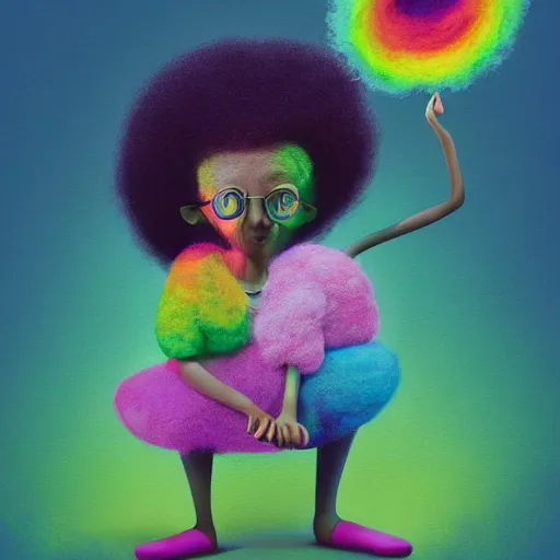 Image similar to a black girl with a colorful afro and cute! eyes sliding down a rainbow!, bright colors, watercolor, volumetric wool felting, macro photography, children illustration, by goro fujita