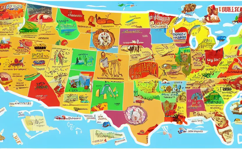 Image similar to hot dogs across america map, detailed, map key, tourist map, brochure