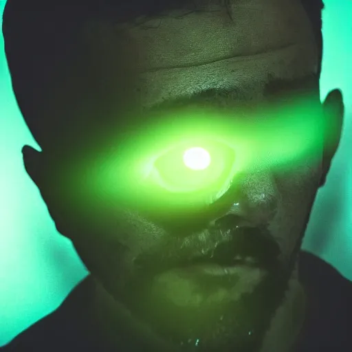Prompt: close up photograph 4 k hd of a man with black hair with unsettling green glowing eyes levitating sci fi