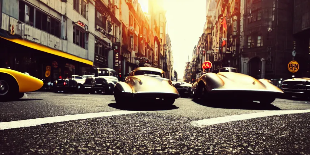 Image similar to low angle wide shot, street scene, retro futuristic vintage shiny polished traffic mainly cars and motorcycles, volumetric lighting, beautiful, day time, spring, sunny weather, sharp focus, highly detailed, photorealistic, 4 0 0 0 k, f 1. 4, cgsociety