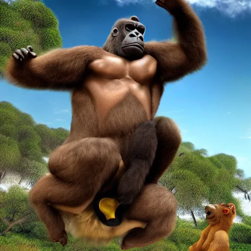 Prompt: gorilla and kangaroo boxing, on a flying banana in the sky, high quality, highly detailed, photorealistic,