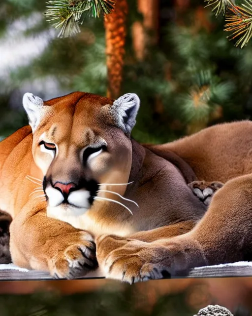 Prompt: magazine page showing 'a cougar sleeping in the middle of snowy pine tree' laying on coffee table, zoomed out shot, HD, iphone screenshot