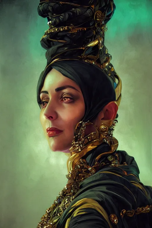 Prompt: portrait, headshot, digital painting, of a 17th century, beautiful, middle aged, middle eastern, wrinkles, decadent, cyborg noble woman, dark hair, amber jewels, baroque, ornate dark green opulent clothing, scifi, futuristic, realistic, hyperdetailed, concept art, chiaroscuro, side lighting, art by syd mead