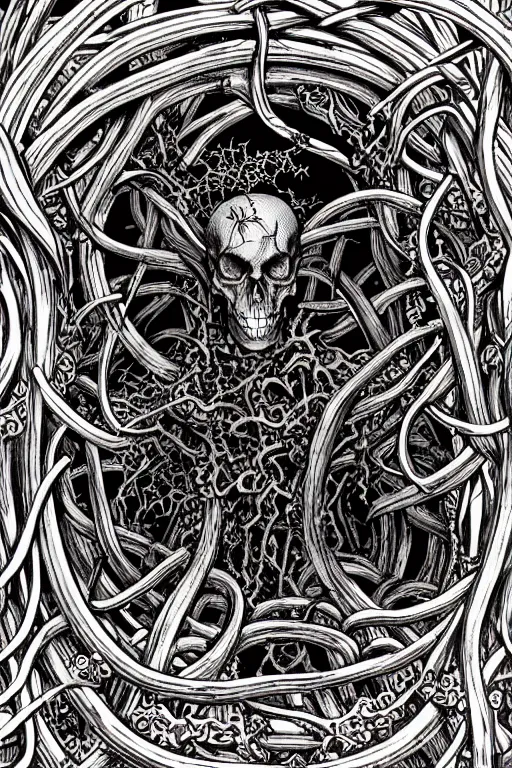 Image similar to illustration of a wooden wheel shaped demonic creature covered in bones and vines, intricate linework, in the style of moebius, ayami kojima, 1 9 9 0's anime, retro fantasy