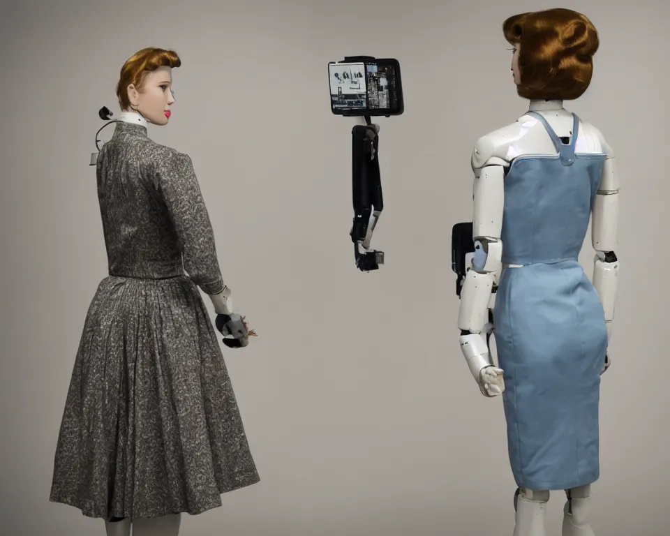 Prompt: rear view of a realistic humanoid female robot wearing 1950s style women clothing, close view