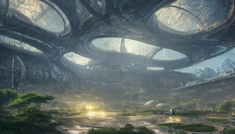 Prompt: highly detailed digital matte painting of beautiful gardens on a massive space station, by Raphael LaCoste and Ruan Jia and Robert McCall, postcyberpunk, geodesic dome, hyperdetailed, sunrise, wide shot, autochrome, octane render