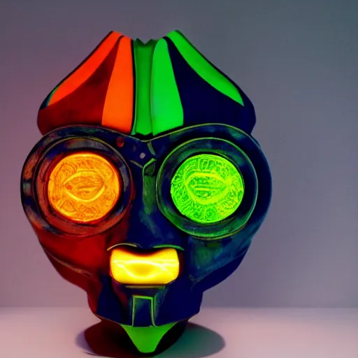 Prompt: claymodel of a cyberpunk aztec futurism robot head, 8 k, symetrical, flourescent colors, halluzinogenic, multicolored, black background