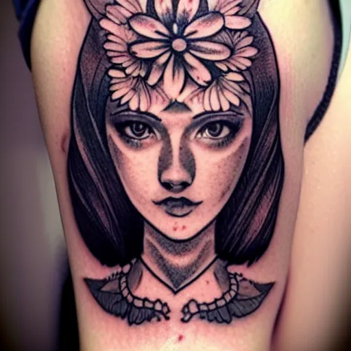 Prompt: tattoo design, stencil, portrait of a princess by artgerm, symmetrical face, beautiful, daisy flower