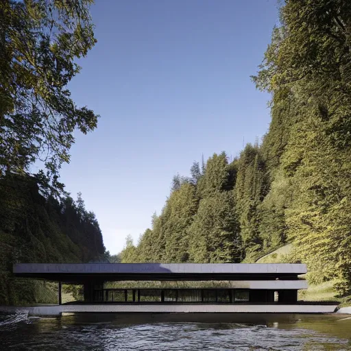 Image similar to a house by the river designed by peter zumthor