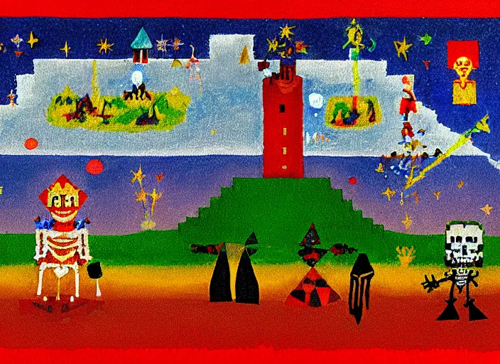 Image similar to pixel decollage painting tarot lovers card composition tower of babel road red armor maggot bear and wonky vampire clown knight on a skeleton horse in a dark red cloudy night sky with golden foil jewish stars and diamonds, mountain lake and blossoming field in background, painted by Mark Rothko, Helen Frankenthaler, Danny Fox and Hilma af Klint, pixelated, neo expressionism, semi naive, pastel colors, cinematic, color field painting, cave painting, voxel, pop art look, outsider art, minimalistic. Bill Traylor painting, part by Philip Guston, Amano and Francis Bacon. art by Adrian Ghenie and Storm Thorgerson, very coherent symmetrical artwork, cinematic, hyper realism, high detail, octane render, unreal engine, Smooth gradients, depth of field, full body character drawing, extremely detailed, 8k, extreme detail, intricate detail, masterpiece