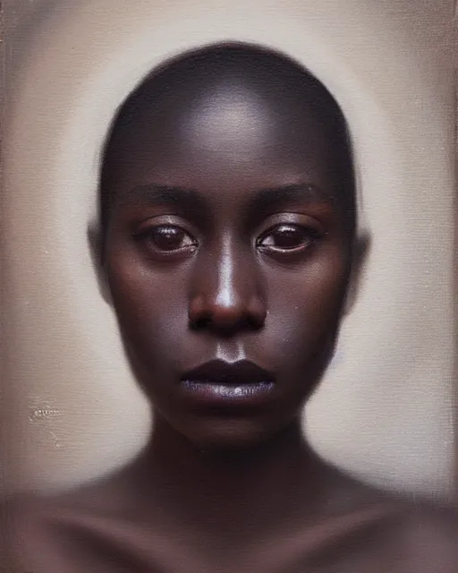 Image similar to a close up portrait a very ordinary young woman with an blank expression, by sarah moon, very dark skin, very blurry, translucent skin, foggy, oil painting, photorealistic, anatomically correct, beautiful perfect face, visible brushstrokes, sharp focus, highly detailed, cinematic lighting, 8 k, hd