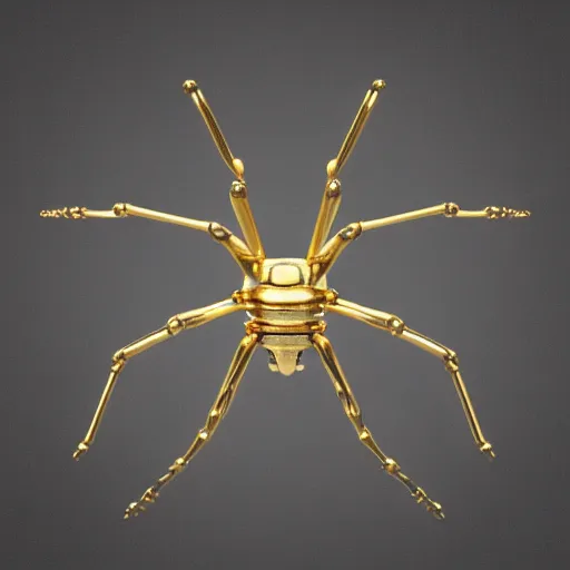 Prompt: 3 d render of a mechanical spider made of smooth white marble and gold