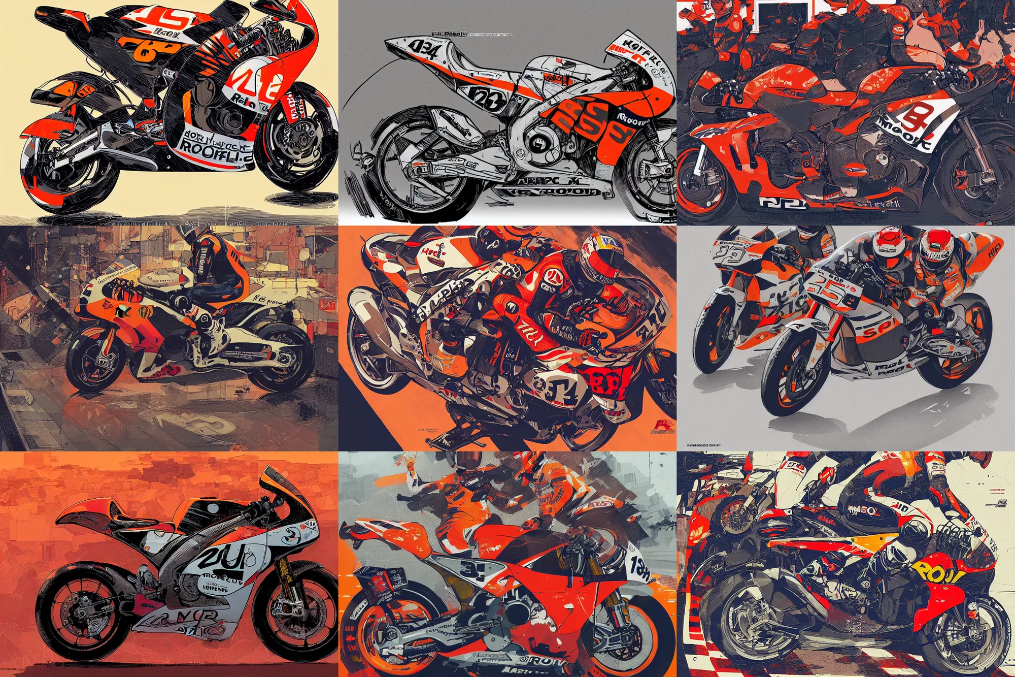 Prompt: marc 9 3, repsol honda motogp bike, rc 2 1 3, behance hd artstation loish and laurie greasley, victo ngai, andreas rocha, john harris