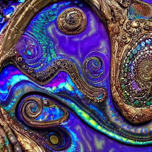 Image similar to mask, Art Nouveau cresting oil slick waves, hyperdetailed bubbles in a shiny iridescent oil slick wave, ammolite, dinosaur bone, detailed giant opalized ammonite shell, black opal, abalone, paua shell, ornate copper patina medieval ornament, rococo, organic rippling spirals, octane render, 8k 3D, druzy geode, cresting waves and seafoam, mask