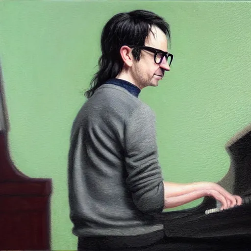 Image similar to An Oil Painting of the back view of Rivers Cuomo in a sweater with long hair and a mustache masterfully playing the piano, hyperrealistic, extremely realistic, highly realistic, HD Quality, 4k resolution, 8k resolution, Detailed, Very Detailed, Highly Detailed, Extremely Detailed, Intricate Details, Real, Very Real, Oil Painting, Digital Painting, Painting, Trending on Deviantart, Trending on Artstation